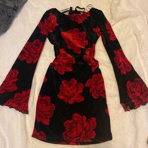 Black Velvet Long-Sleeve Dress with Red Rose Print
